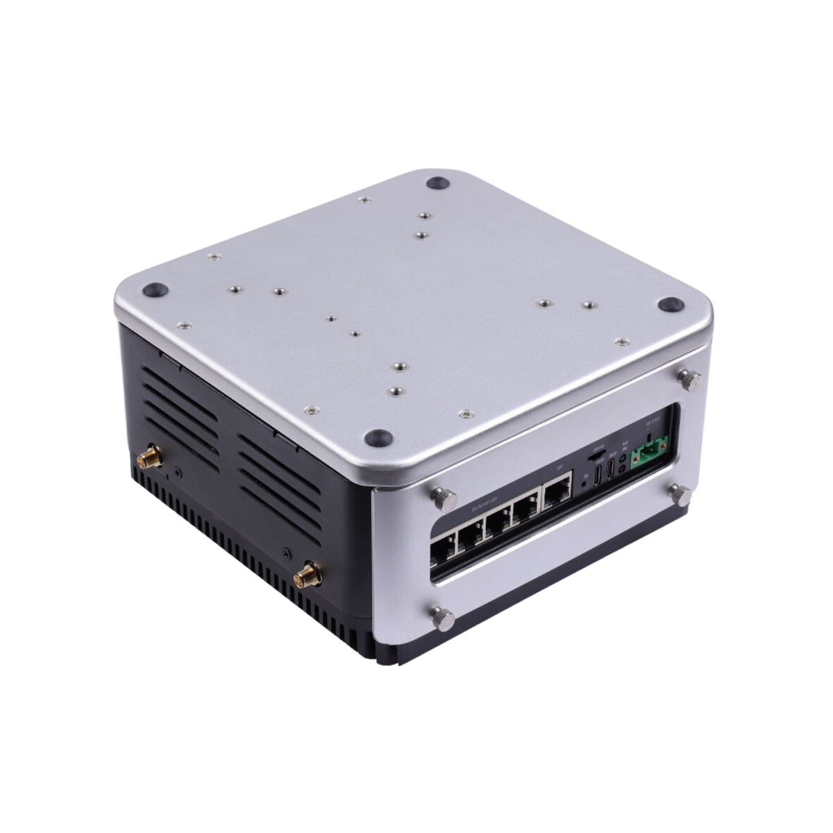 Seeed reServer: an industrial networking device with a silver aluminum top casing and a black side panel, featuring multiple Ethernet ports and a green terminal connector, transparent background.
